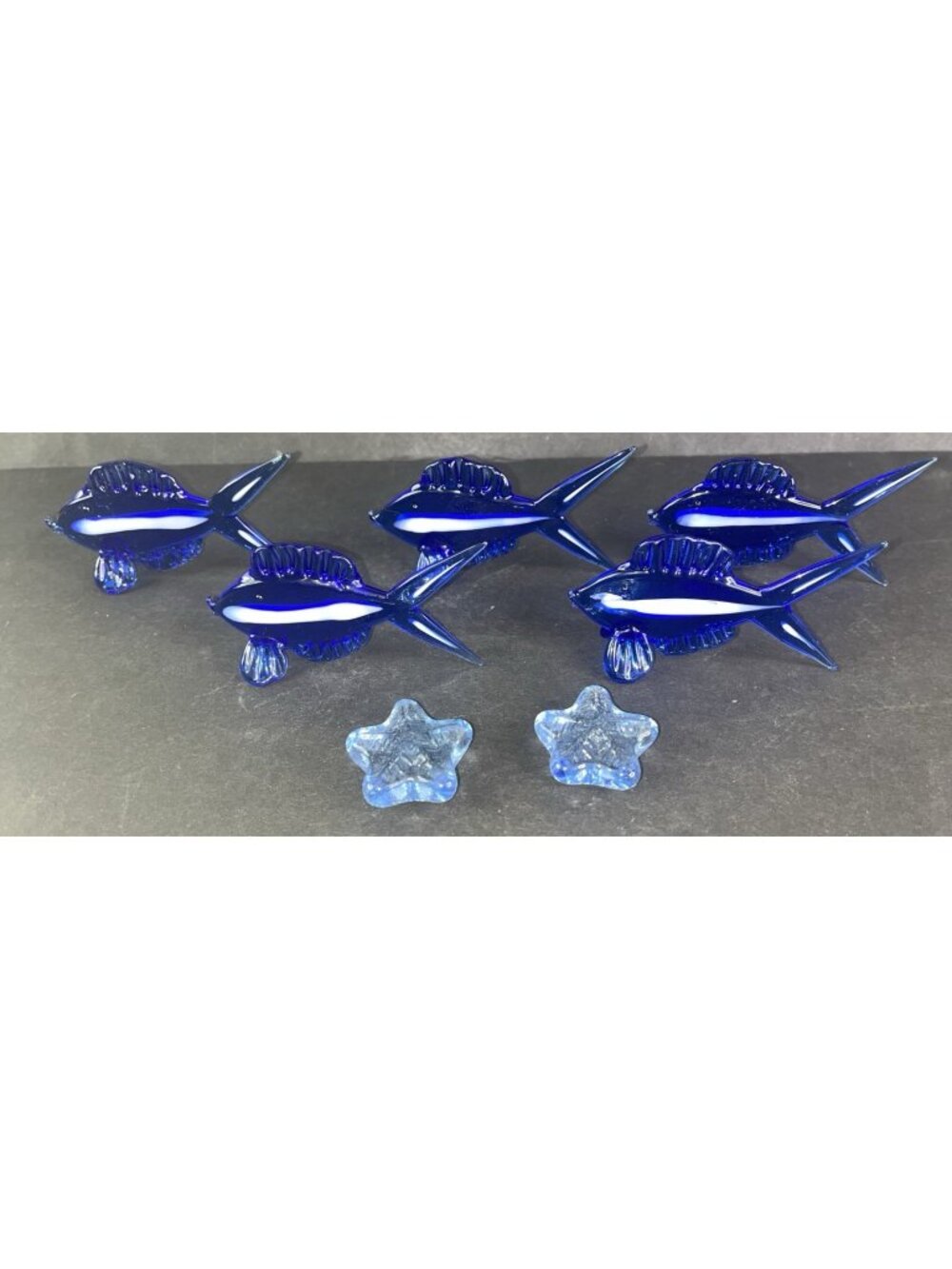 5 Blown Glass Fish Figurines Art Glass Blue White 2 Starfish Lot Marine Life